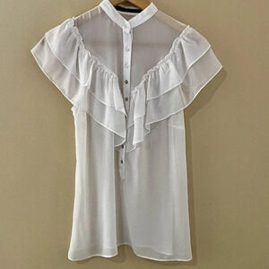Zara| Feminine White Ruffle High Collar Sheer Button Up Cap Sleeve Top Blouse XS